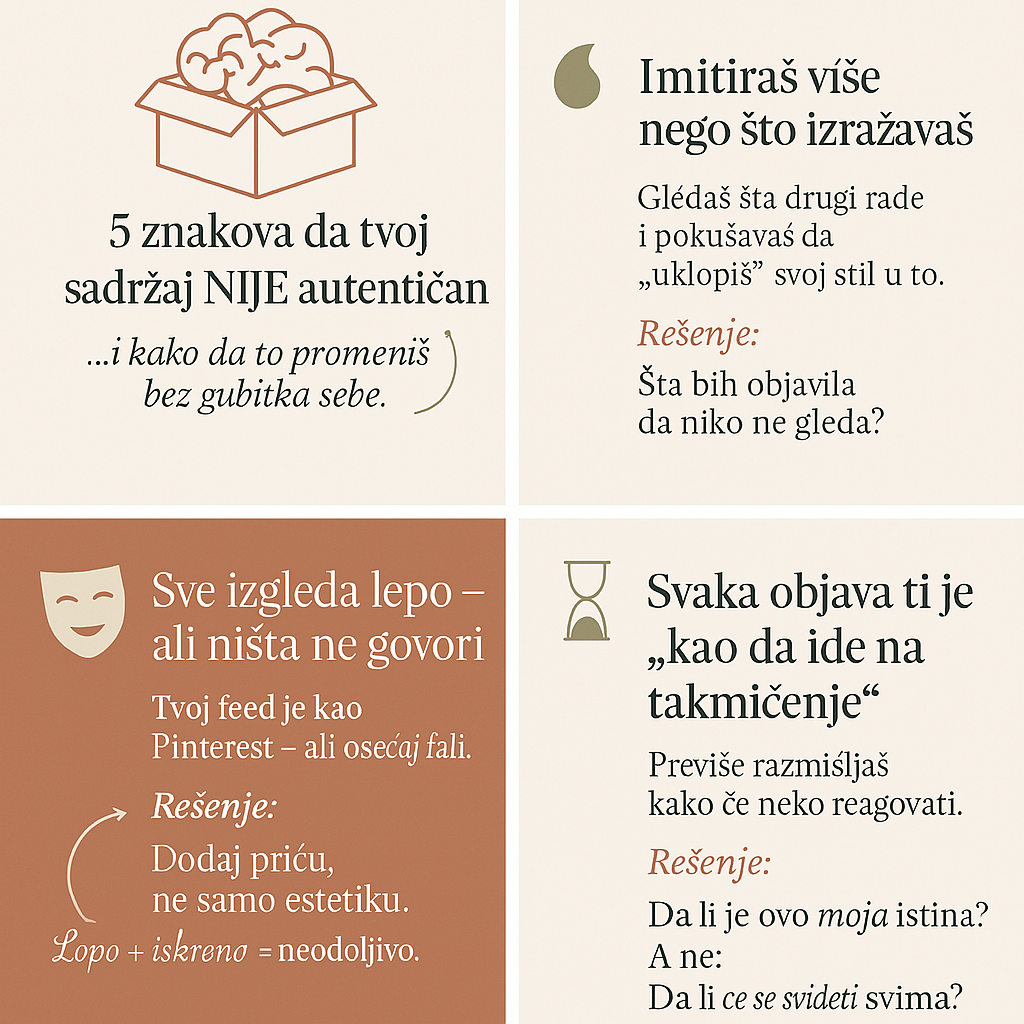 Karusel sa četiri slajda u bež i terakota tonovima, sa savetima o autentičnosti sadržaja na Instagramu.