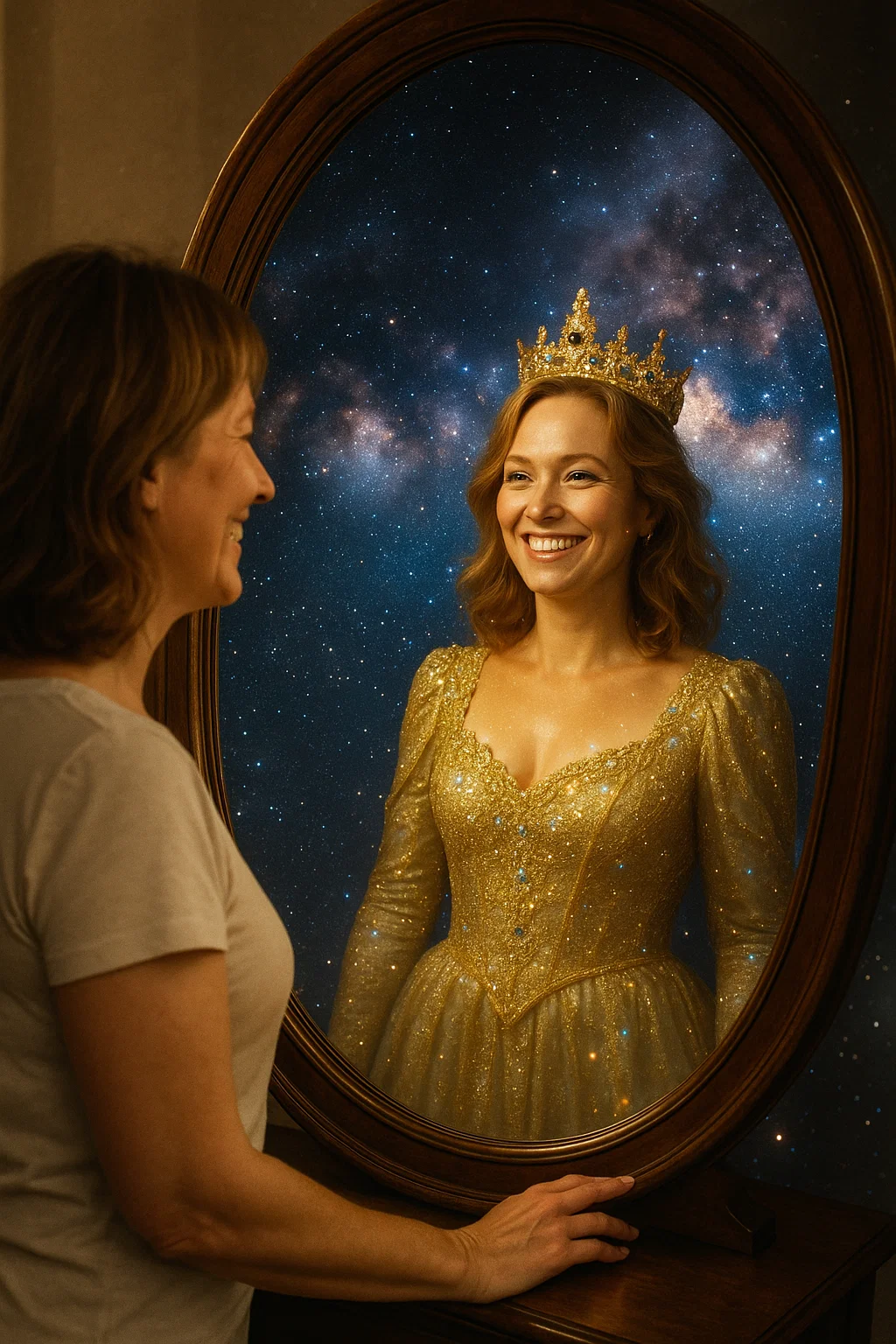 Žena srednjih godina gleda u ogledalo i vidi svoj odraz kao kraljicu u zlatnoj haljini, sa pozadinom svemira