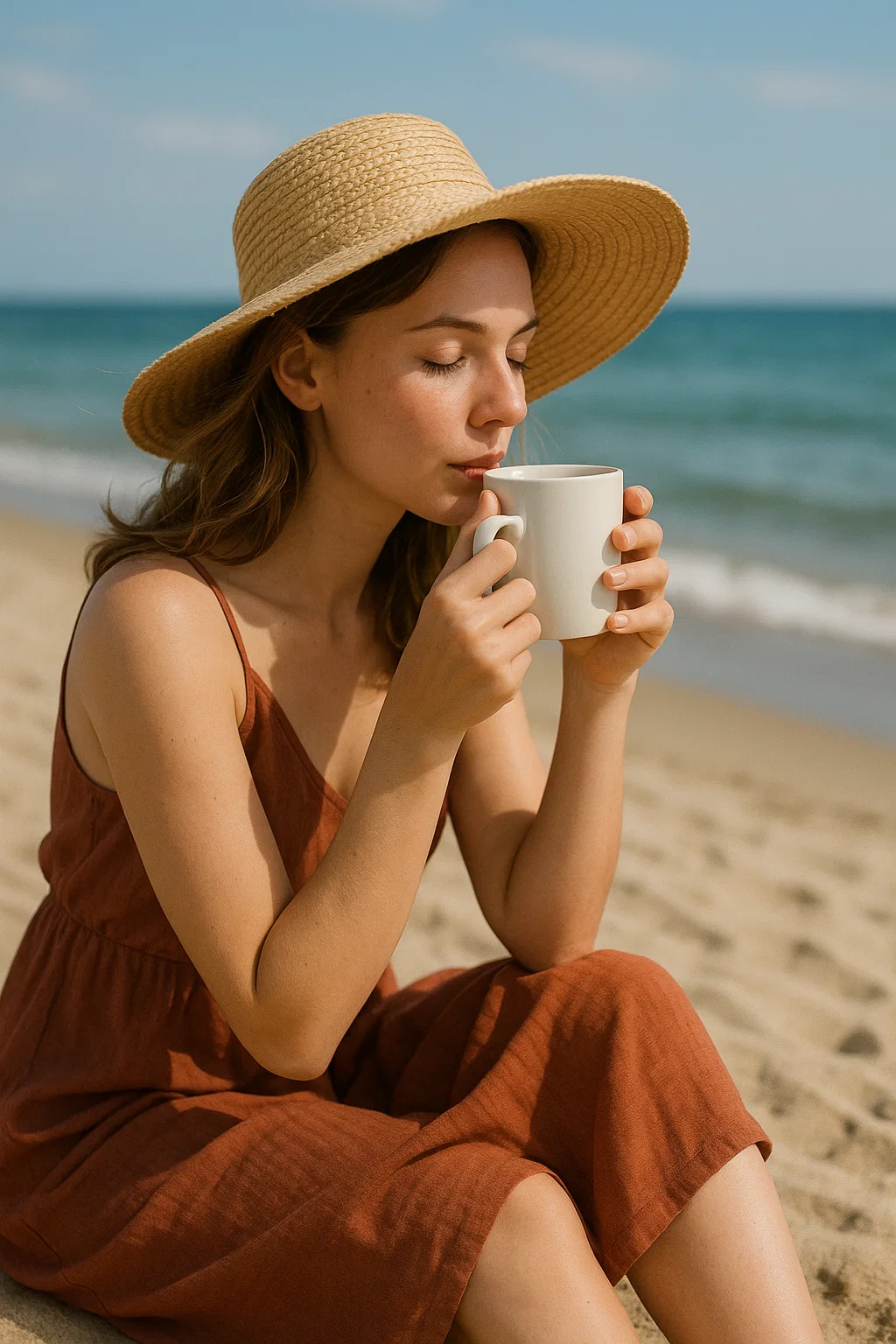 žena na plaži pije čaj za prevenciju letnjih urinarnih infekcija