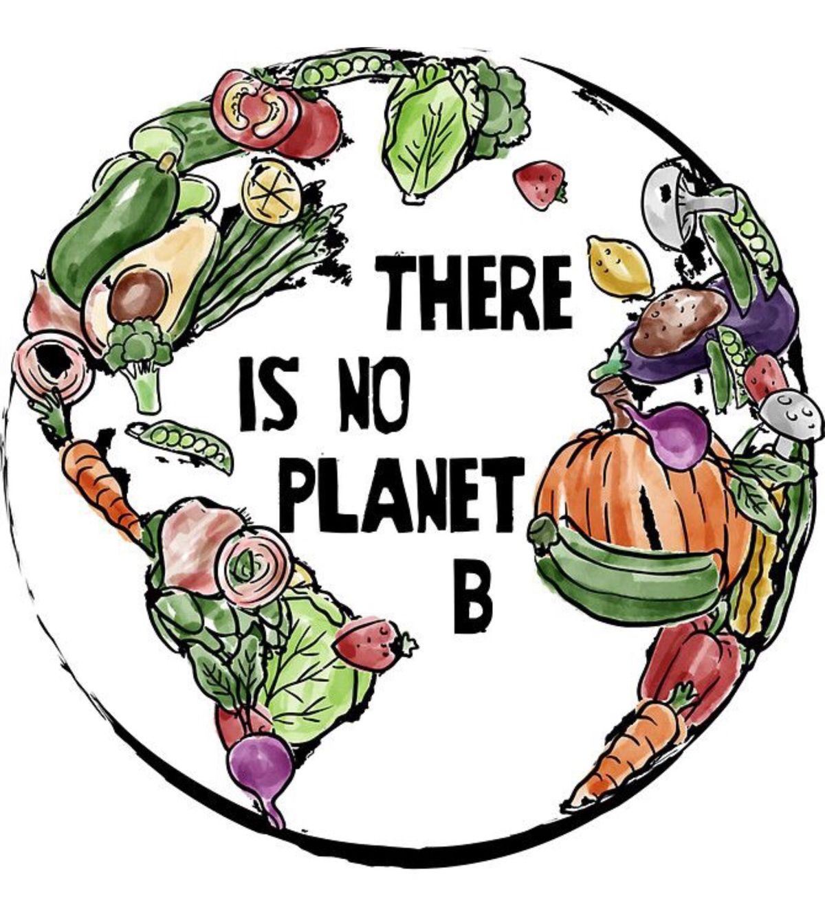 Ilustracija planete Zemlje napravljene od povrća i voća sa porukom "There is no Planet B"