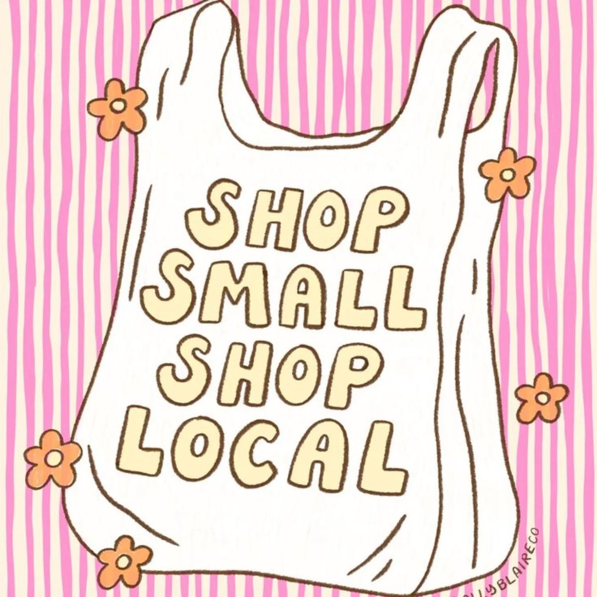 na fotografiji se nalazi nacrtana torba za šoping na kojoj piše kupuj od malih, podrži lokalce kao predstava podrške malim proizvođačima