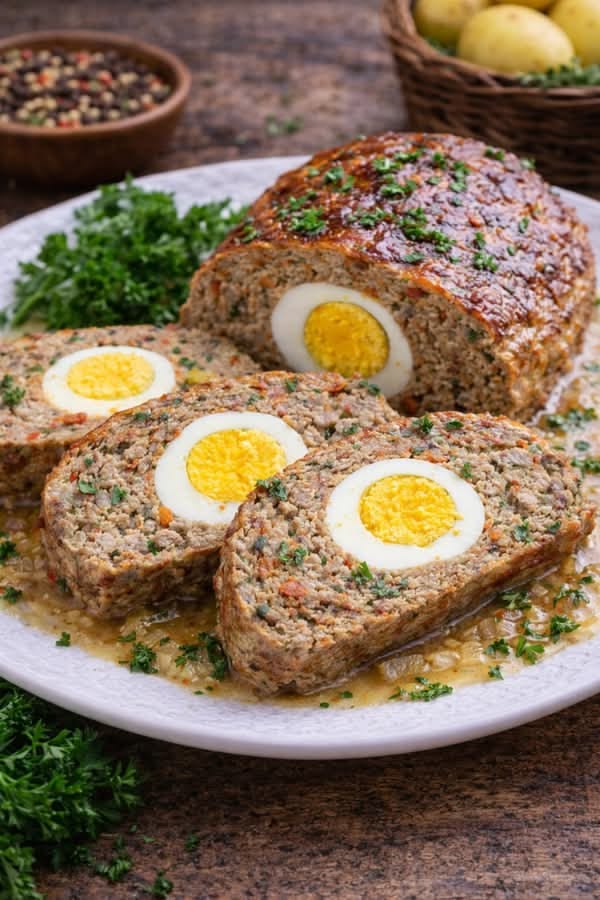 Vekna od mlevenog mesa punjena kuvanim jajima, isečena na kriške, sočna unutrašnjost sa vidljivim jajima, ideja kako iskoristiti kuvana jaja posle Uskrsa